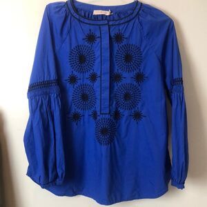 Tory Burch Long-sleeve Richa Embroidered Beaded Blue Tunic Blouse - Size 6 Small
